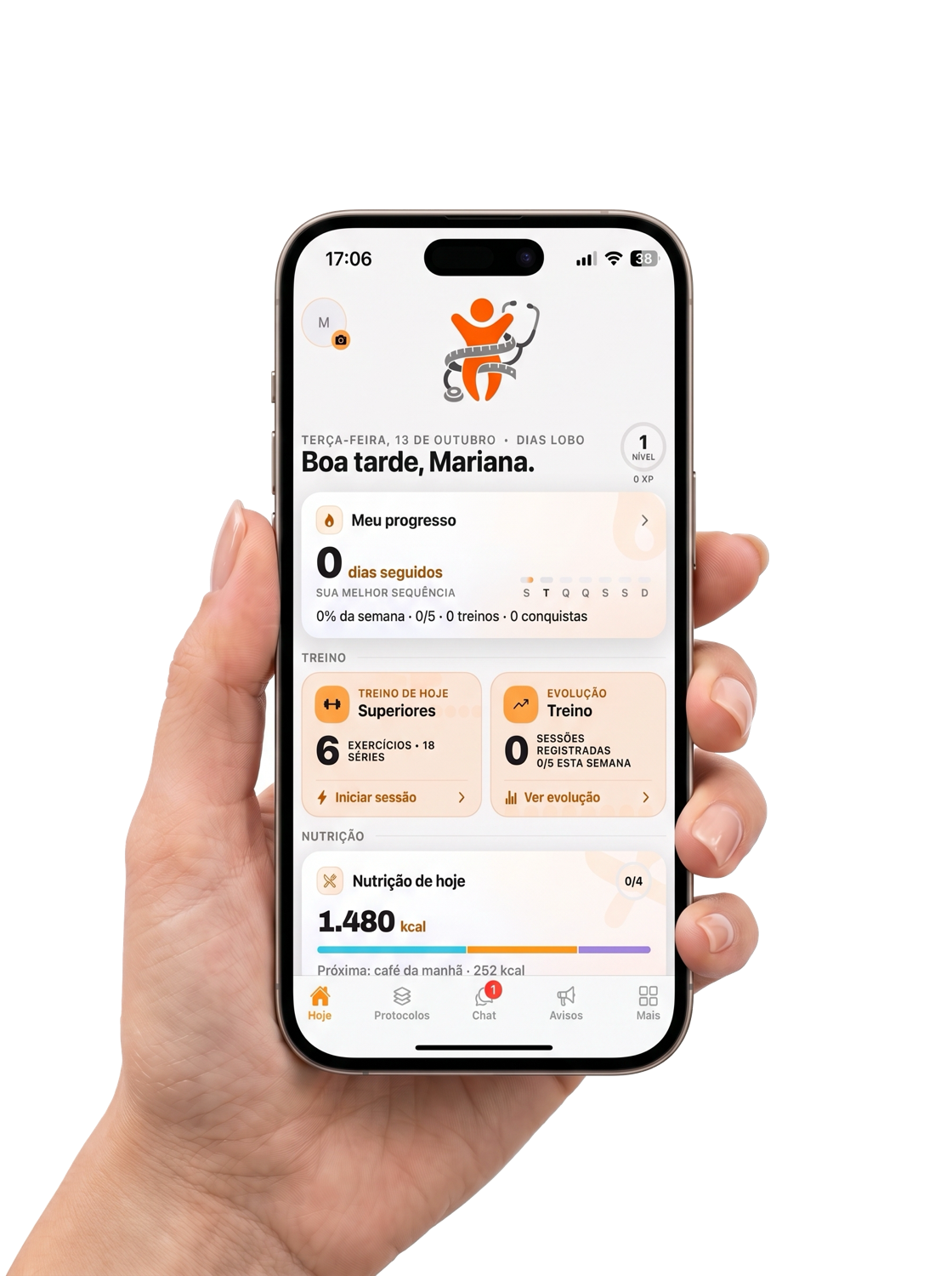 App Dias Lobo aberto num iPhone: progresso, treino do dia e nutrição